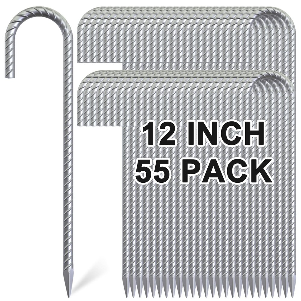 OK5STAR 12 Inch J Hook Rebar Stakes 55 Pack, Heavy Duty Galvanized Steel Tent Stakes, Anti-Rust Ground Anchors Chain Link Fence Stakes for Yard Decorations, Infltables, Canopy, Tarp, Garden