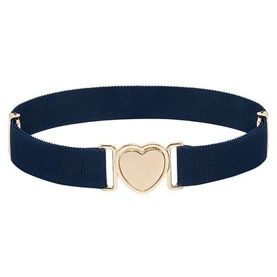 WEISHA Children Stretch Belts Girls Multicolor Punch-free Waistband Adjustable Elastic Waist Belts with Heart Shape Buckle for Uniform Dress(navy blue)