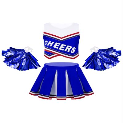 Agoky Kids Girls Cheer Leader Costume Two Piece Students Girls Cheerleading Uniform Dress with Pom Poms Royal Blue Type C 14 Years
