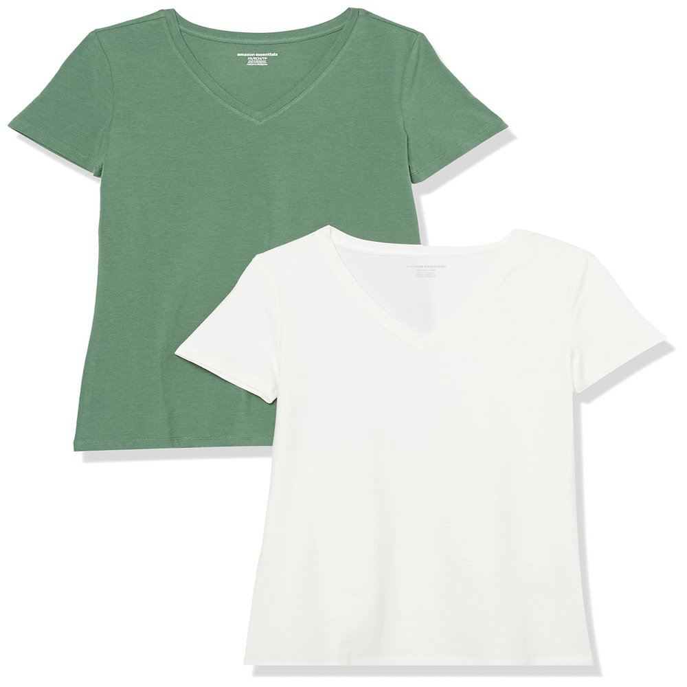 Amazon Essentials Women's Regular-Fit Short-Sleeve T-Shirt (Crewneck and V-Neck Options), Pack of 2, Sage Green/White, Small