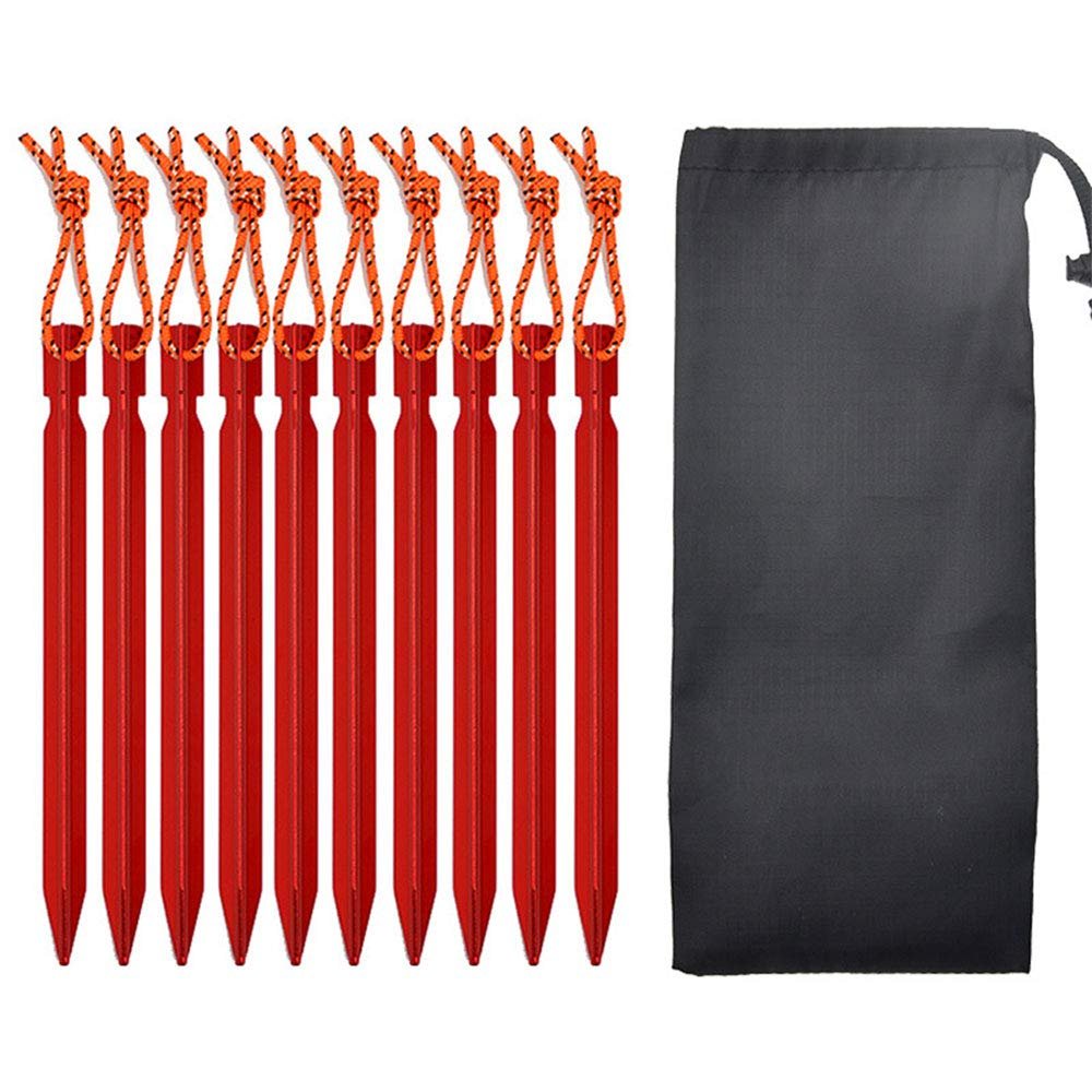 Aluminum Tent Stakes Pegs, 10-Pack Ground Pegs with Ropes Stakes Pegs for Backpacking Camping Tents Hammocks and Canopy - Red