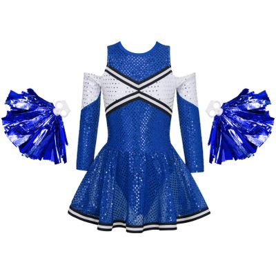 FEESHOW High School Cheer Leader Long Sleeve Shiny Dress Girls Cheerleading Halloween Carnival Party Costumes Blue Set 14 Years