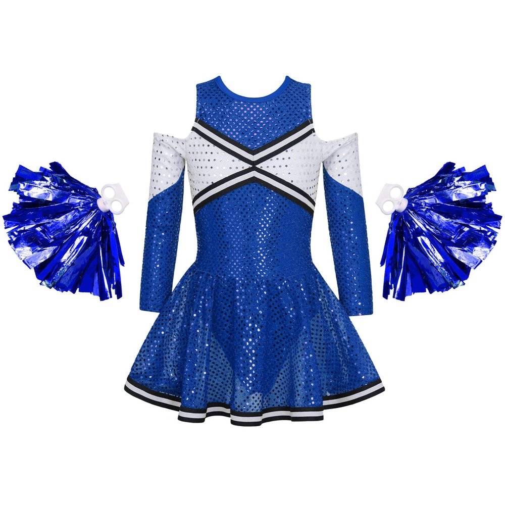 FEESHOW High School Cheer Leader Long Sleeve Shiny Dress Girls Cheerleading Halloween Carnival Party Costumes Blue Set 14 Years