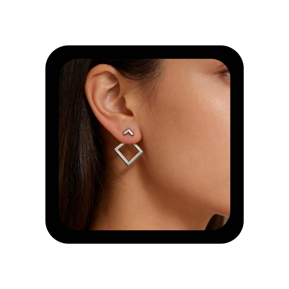 Allereyae Vintage Square Ear Jacket Earrings Geometric Square Earrings Hollow Square Stud Earrings Silver Front Back Earrings Jewelry