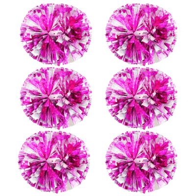 Extpro 6Pcs Cheerleading Pom Poms Matte Metallic Foil Cheer Pompoms with Baton Handle, Kids Adults Team Spirit Cheering Stuff for Sports Games Carnival (Laser Rose Pink Silver)