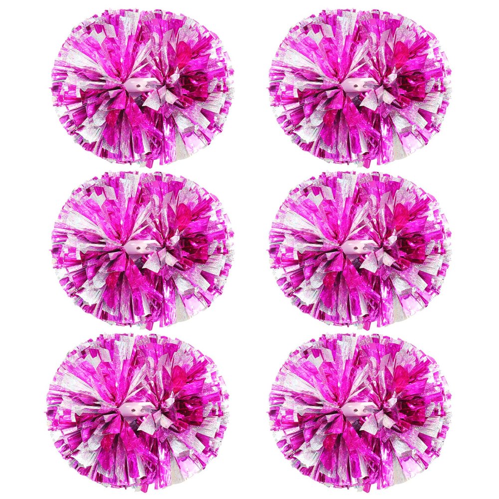 Extpro 6Pcs Cheerleading Pom Poms Matte Metallic Foil Cheer Pompoms with Baton Handle, Kids Adults Team Spirit Cheering Stuff for Sports Games Carnival (Laser Rose Pink Silver)