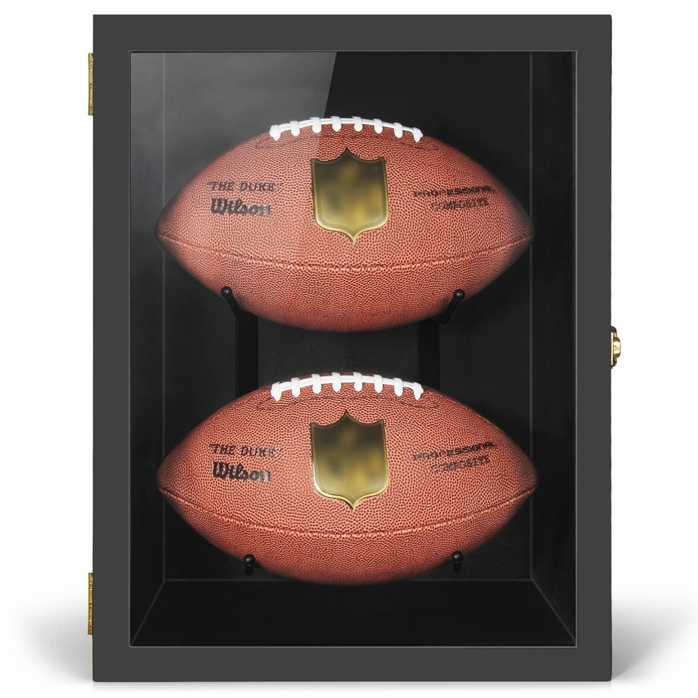 TJ.MOREE 2 Football Case Display Case Full Size, Rugby Holders for Balls Display, Wall Mount Shadow Box with Locks for Home Football Collector Memorabilia Autograph Balls - Black