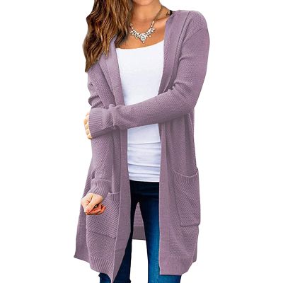 JEsilunmaMY Women's Pocket Hooded Cardigans Long Sleeve Open Front Cable Knit Sweater Solid Color Casual Loose Outwear Coats (Purple,X-Large)