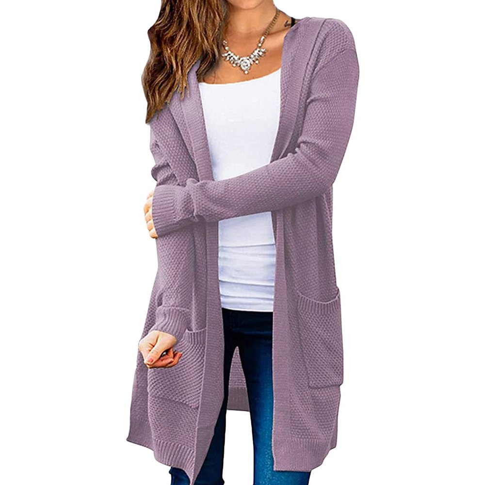 JEsilunmaMY Women's Pocket Hooded Cardigans Long Sleeve Open Front Cable Knit Sweater Solid Color Casual Loose Outwear Coats (Purple,X-Large)