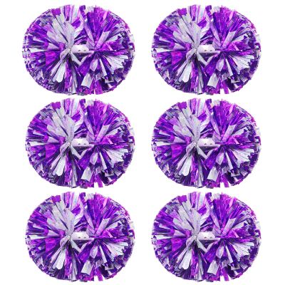 Extpro 6Pcs Cheerleading Pom Poms Matte Metallic Foil Cheer Pompoms with Baton Handle, Kids Adults Team Spirit Cheering Stuff for Sports Games Carnival (Laser Purple Silver)