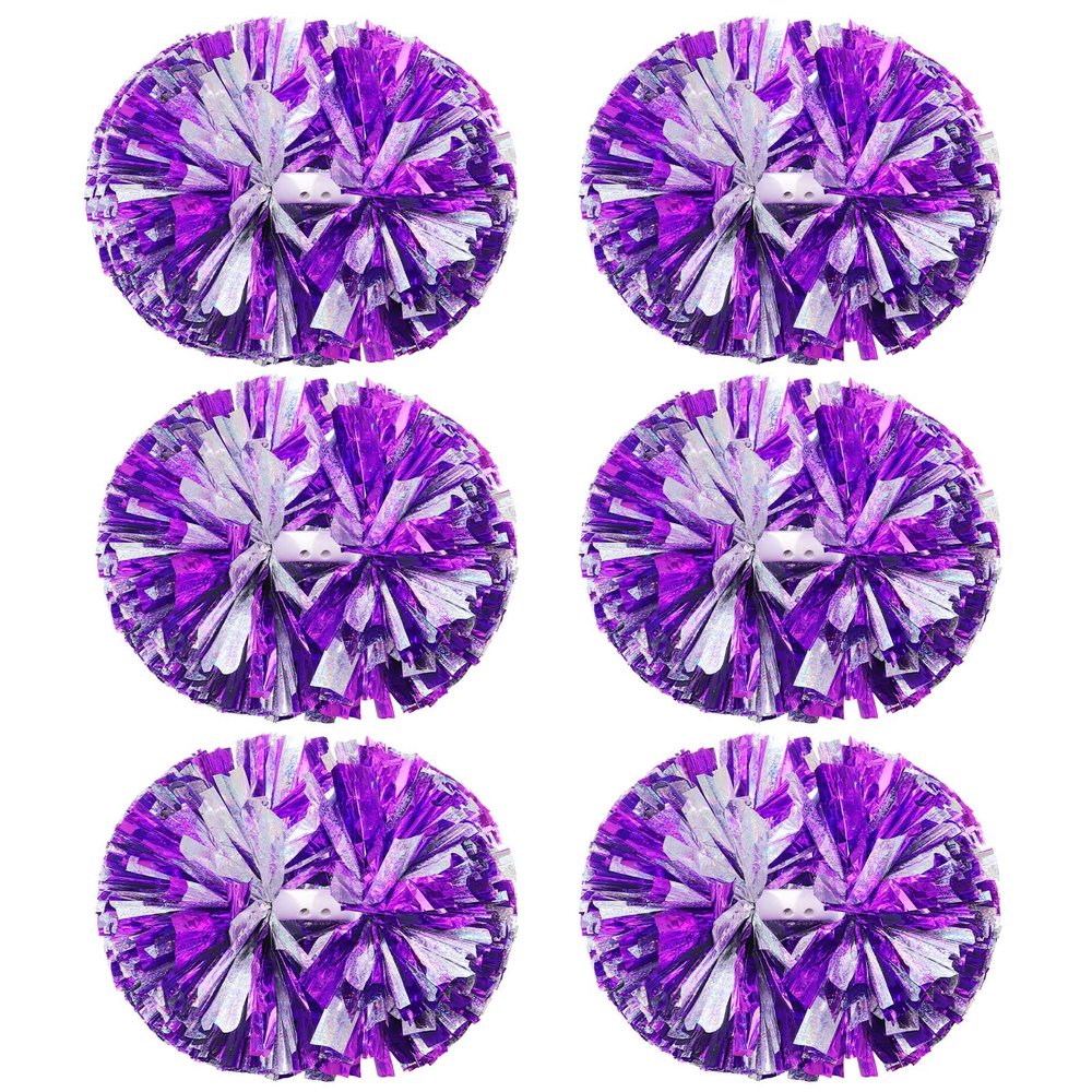 Extpro 6Pcs Cheerleading Pom Poms Matte Metallic Foil Cheer Pompoms with Baton Handle, Kids Adults Team Spirit Cheering Stuff for Sports Games Carnival (Laser Purple Silver)