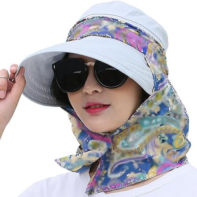 2 in 1 Foldable Sun Hat with Neck Flap Beach Fishing Hat Large Brim UV Protection Hat Gardening Walking Hat for Women Girls Grey