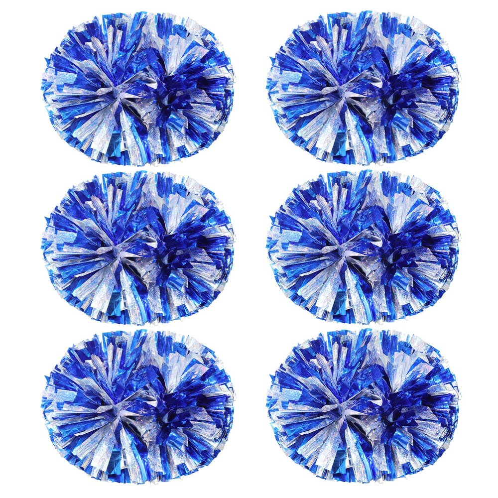 Extpro 6Pcs Cheerleading Pom Poms Matte Metallic Foil Cheer Pompoms with Baton Handle, Kids Adults Team Spirit Cheering Stuff for Sports Games Carnival (Laser Blue Silver)