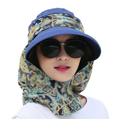 2 in 1 Foldable Sun Hat with Neck Flap Beach Fishing Hat Large Brim UV Protection Hat Gardening Walking Hat for Women Girls Navy