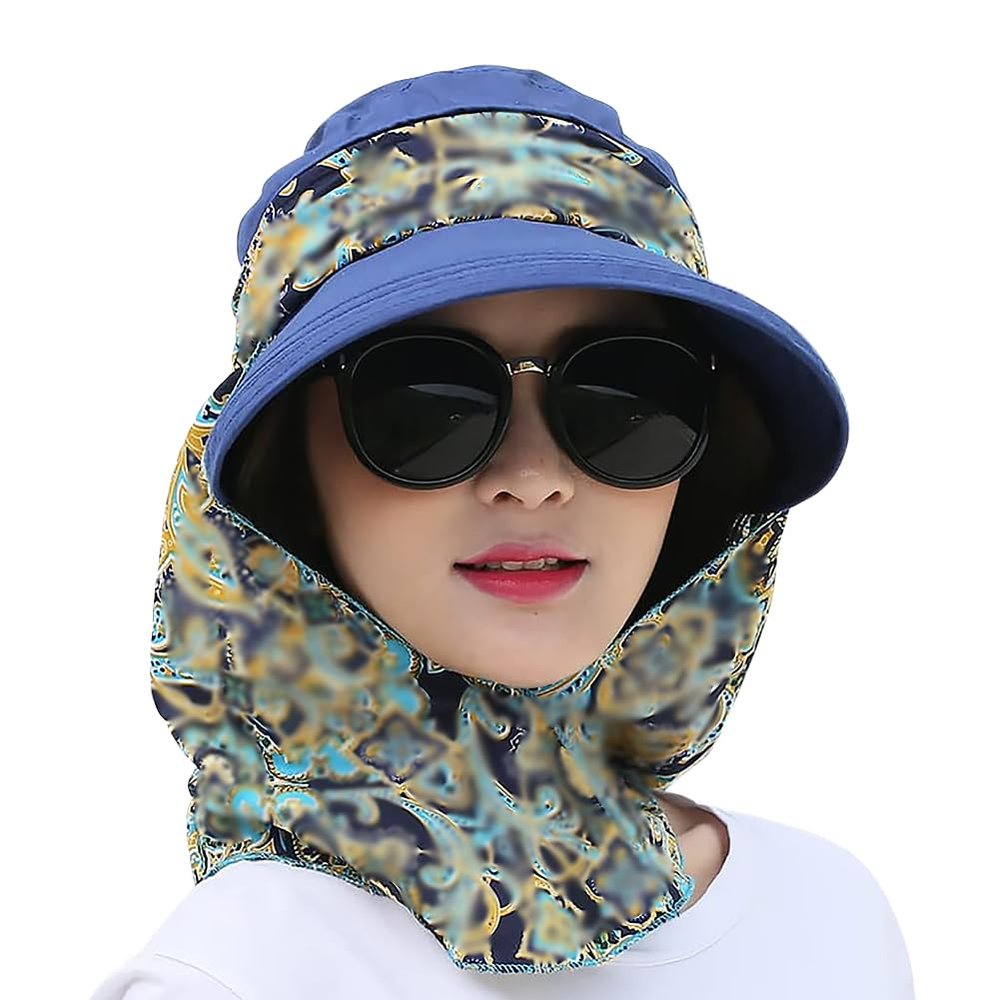 2 in 1 Foldable Sun Hat with Neck Flap Beach Fishing Hat Large Brim UV Protection Hat Gardening Walking Hat for Women Girls Navy