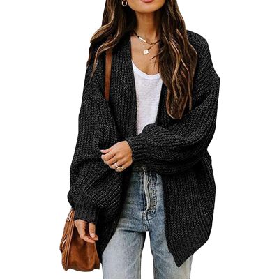 JEsilunmaMY Women's Lantern Sleeve Sweater Long Sleeve Cable Knit Open Front Cardigan Plus Size Solid Loose Chunky Outwear (Black,XX-Large)