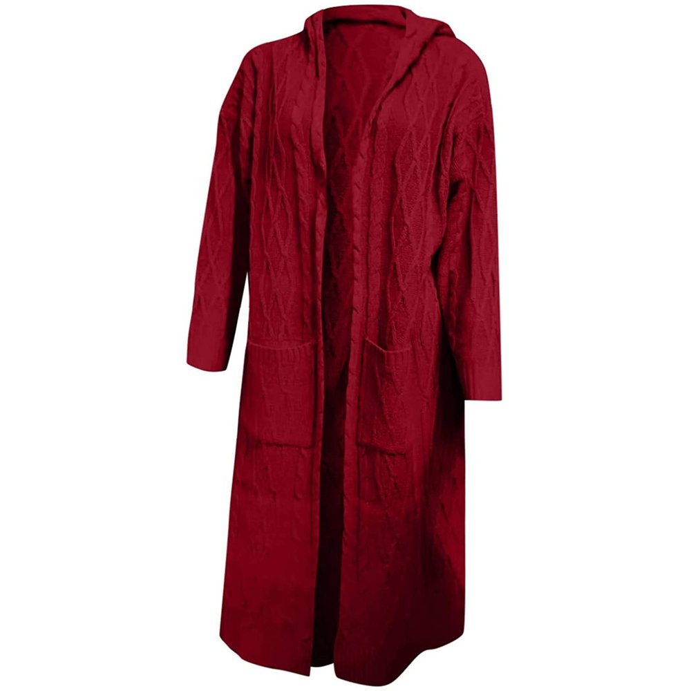 JEsilunmaMY Women's Long Hooded Sweater Long Sleeve Cable Knit Chunky Open Front Cardigan Loose Long Outwear with Pockets (Red,Medium)
