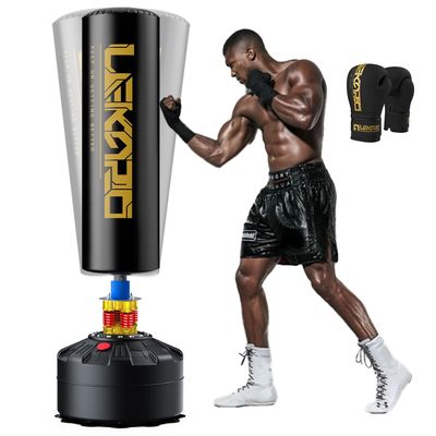 LEKRO Freestanding Punching Bag with Boxing Gloves, Heavy Boxing Bag with Stand for Adult Kids, Standing Kickboxing Bag (Black Gold)