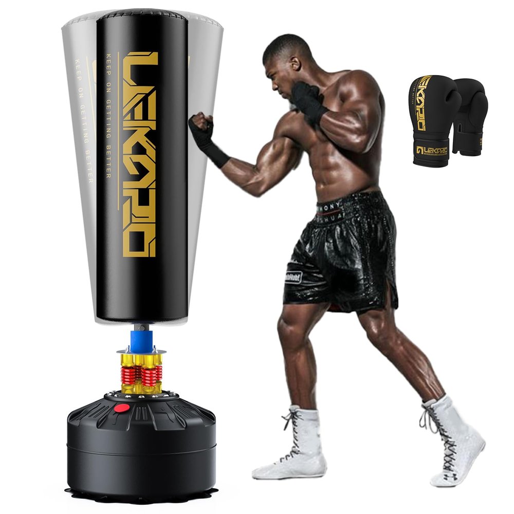 LEKRO Freestanding Punching Bag with Boxing Gloves, Heavy Boxing Bag with Stand for Adult Kids, Standing Kickboxing Bag (Black Gold)