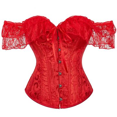 SHYMMUO Red Corset Top for Women Off Shoulder Lace Up Renaissance Bustier Gothic Steampunk Sexy Corset Halloween Costumes M