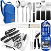 Portable Camping Kitchen Utensil Set-27 Piece Cookware Kit, Stainless Steel Outdoor Cooking and Grilling Utensil Organizer Travel Set Perfect for Travel, Picnics, RVs, Camping, BBQs, Parties and More view 1
