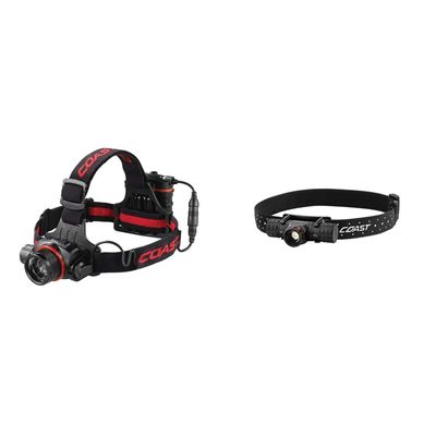 Coast HL8R 800 Lumen Rechargeable Pure Beam Focusing LED Headlamp, Black & XPH30R 1000 Lumen USB-C Rechargeable Dual Power Headlamp with Twist Focus Beam and Magnetic Base