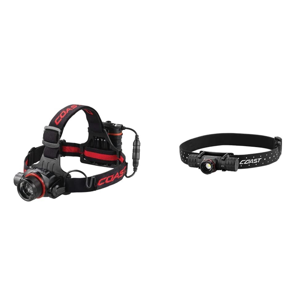 Coast HL8R 800 Lumen Rechargeable Pure Beam Focusing LED Headlamp, Black & XPH30R 1000 Lumen USB-C Rechargeable Dual Power Headlamp with Twist Focus Beam and Magnetic Base