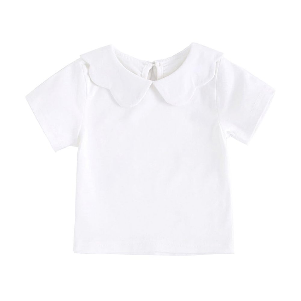 RUKOSU Baby Girl White Blouses Toddler Basic Solid Color Short Sleeve Petal Collar T-Shirt Cotton Pullover Tops 18-24 Months
