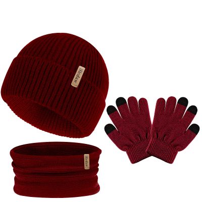 Hicdaw 3PCS Kids Winter Hat Glove Scarf Sets, Toddler Gloves Neck Warmer Baby Winter Hat Toddler Gloves Scarf Set for Boys Girls, Wine Red