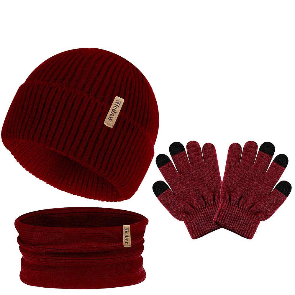 Hicdaw 3PCS Kids Winter Hat Glove Scarf Sets, Toddler Gloves Neck Warmer Baby Winter Hat Toddler Gloves Scarf Set for Boys Girls, Wine Red