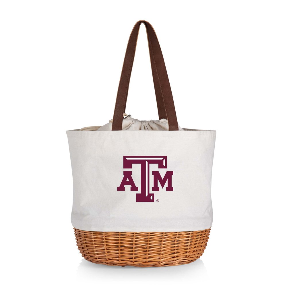 PICNIC TIME NCAA Texas A&M Aggies Coronado Canvas and Willow Basket Tote, Picnic Tote Bag, Beach Tote, (Beige Canvas)