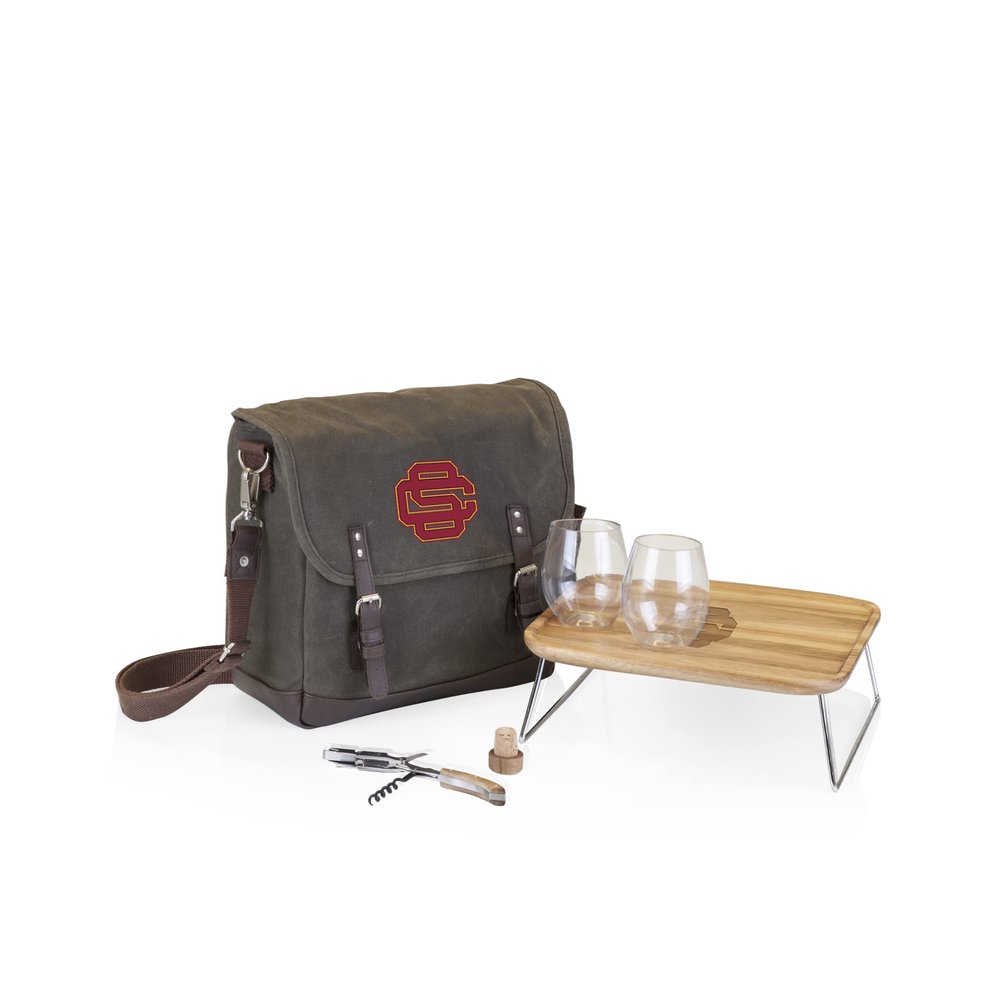 PICNIC TIME NCAA USC Trojans Adventure Wine Tote Bag with Wine Glasses and Mini Table, Wine Picnic Bag, 2 Bottle Wine Bag, (Khaki Green with Beige Accents)
