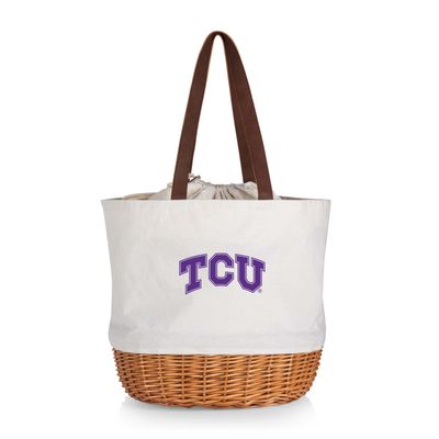 PICNIC TIME NCAA TCU Horned Frogs Coronado Canvas and Willow Basket Tote, Picnic Tote Bag, Beach Tote, (Beige Canvas)