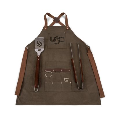 PICNIC TIME NCAA USC Trojans BBQ Apron with Tools & Bottle Opener, Distressed Waxed Canvas Apron with BBQ Spatula & BBQ Tongs, (Khaki Green with Beige Accents)
