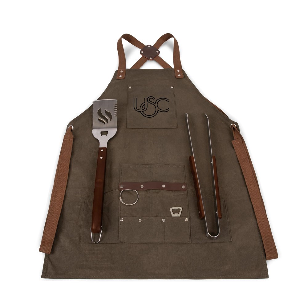 PICNIC TIME NCAA USC Trojans BBQ Apron with Tools & Bottle Opener, Distressed Waxed Canvas Apron with BBQ Spatula & BBQ Tongs, (Khaki Green with Beige Accents)
