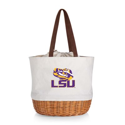 PICNIC TIME NCAA LSU Tigers Coronado Canvas and Willow Basket Tote, Picnic Tote Bag, Beach Tote, (Beige Canvas)