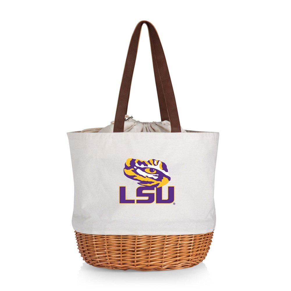 PICNIC TIME NCAA LSU Tigers Coronado Canvas and Willow Basket Tote, Picnic Tote Bag, Beach Tote, (Beige Canvas)