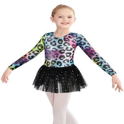 Ballet Leotards for Girls Gymnastics 4t 5t Toddler Kid Child Long Sleeves Dance Dress Colorful Leopard Tutu Skirted Leotard (Colorful Leopard, 4-5T)