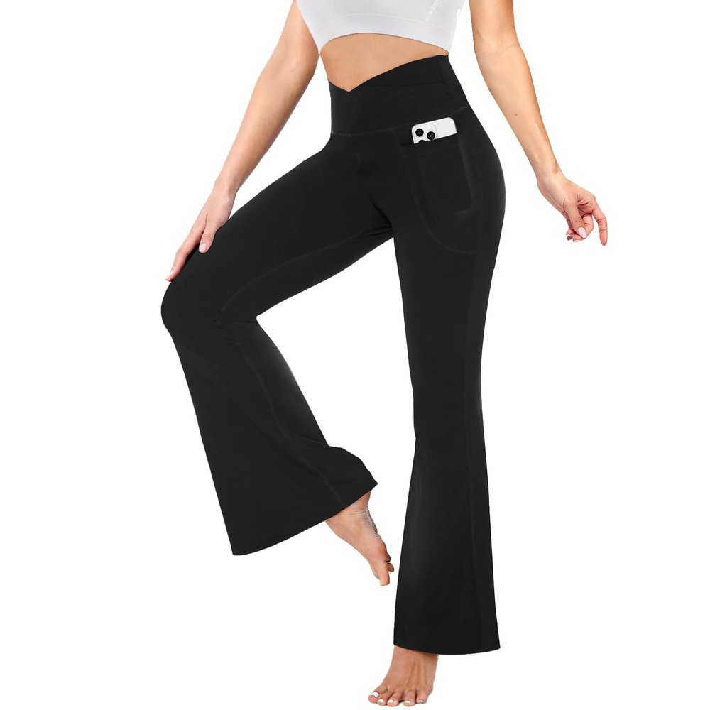 YOLIX Flare Leggings for Women with Pockets - Crossover High Waisted Black Flared Leggings for Yoga Gym Workout