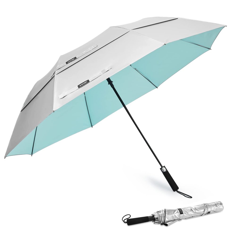 G4Free 62 Inch Portable UV Protection Large Golf Umbrella, Automatic Open Double Canopy Big Sun Windproof Oversize Sports Umbrella(Silver/Lake Blue)