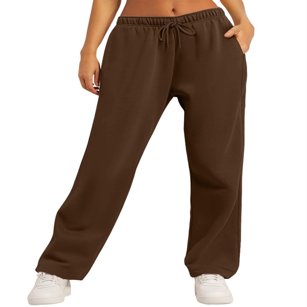 AUTOMET Women's Wide Leg Sweatpants Fleece Lined Baggy Straight Leg Lounge Pants Fall Outfits Athletic Joggers with Pockets Brown XL