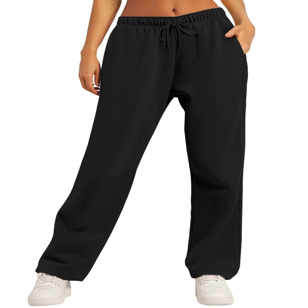 AUTOMET Women's Wide Leg Sweatpants Fleece Lined Baggy Straight Leg Lounge Pants Fall Outfits Athletic Joggers with Pockets Black XL