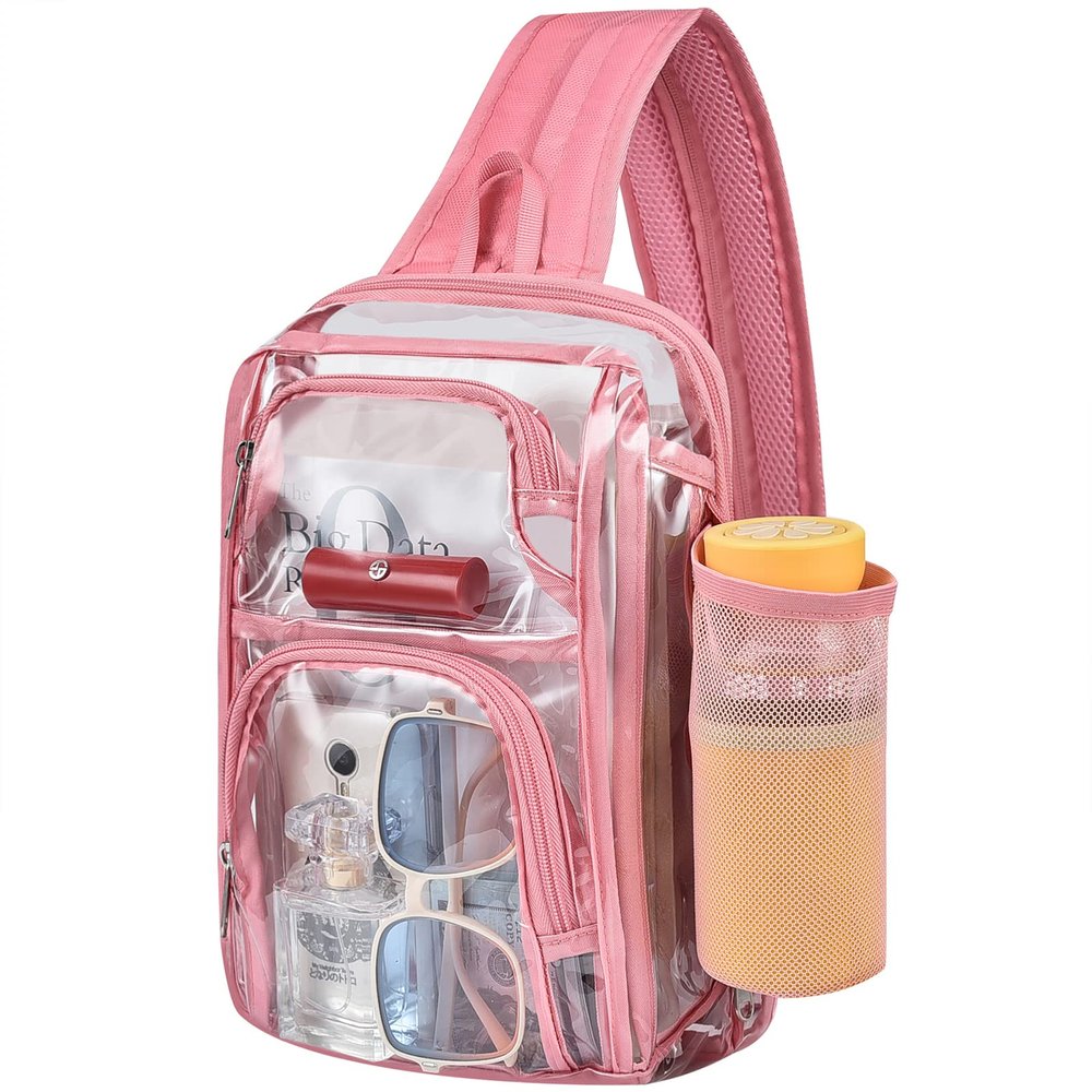 Busiuw Clear Backpack Stadium Approved Sling Bag with Adjustable Reinforced Straps, 3 in 1 Crossbody Bag for Festivals and Games (Pink)