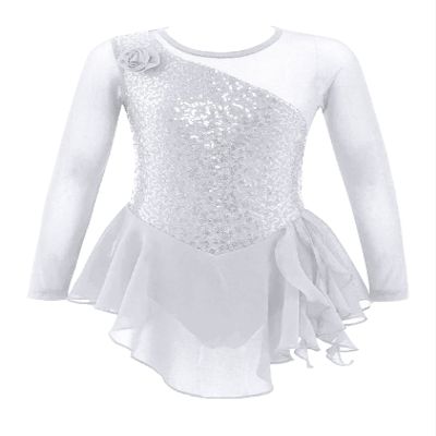 FEESHOW Girls Ballet Figure Ice Skating Ballerina Costume Kids Sequins Long Sleeves Dress for Gym Competition White 6 Years