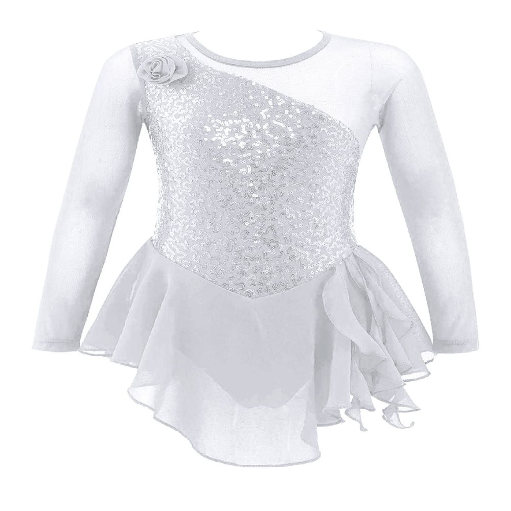 FEESHOW Girls Ballet Figure Ice Skating Ballerina Costume Kids Sequins Long Sleeves Dress for Gym Competition White 6 Years