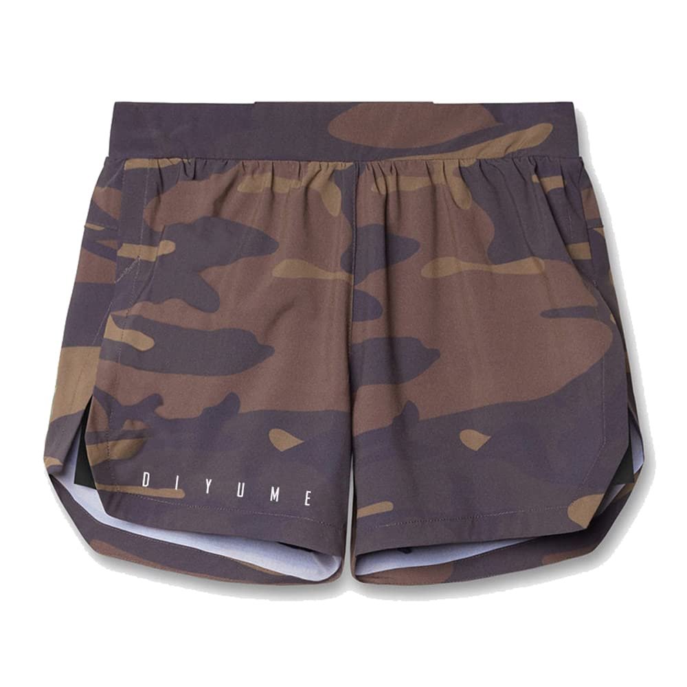 DIYUME 3 in 1 Men's Training Yoga Shorts with Pocket to Hold Phone Earphone and Towel, Camo XX-Large