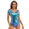 YOOJIA Women's Shiny Metallic Liquid Short Sleeve Gymnastic Dance Leotard Bodysuit Dancewear Colorful Small view 1