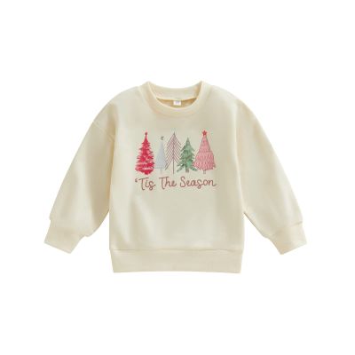 MoZiKQin Toddler Baby Christmas Outfit Girl Boy Crewneck Sweatshirt Letter Print Long Sleeve Sweater Shirt Fall Clothes (Christmas Tree-Cream,3-4T)