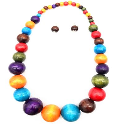 Colorful African Wooden Beaded Choker Neckalce Drop Dangle Earrings Set Chunky Strands Beads Large Bib Collar for Women 60's 70s Wedding Bohemain Jewelry-Colorful