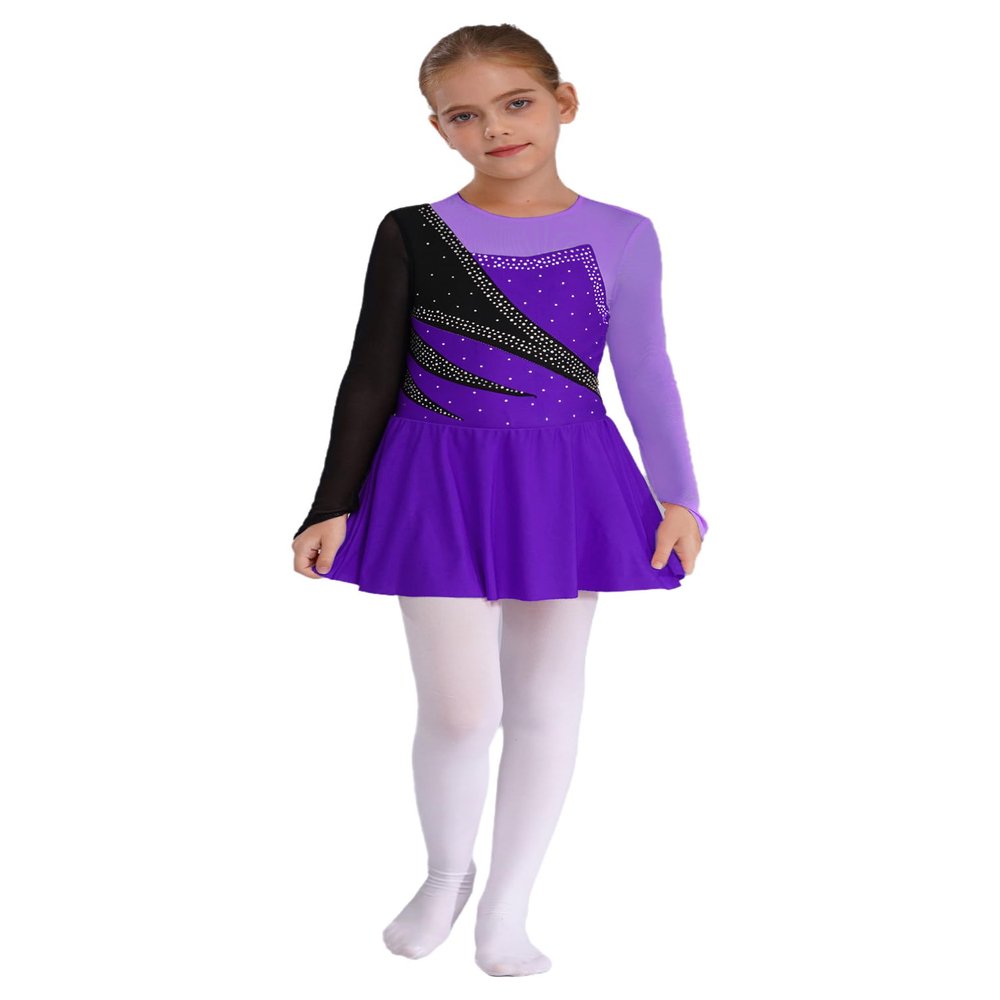 Aislor Girls Sparkly Rhinestone Figure Ice Skating Dress Cutout Back Roller Skating Gymnastics Leotard Dance wear Purple 6 Years